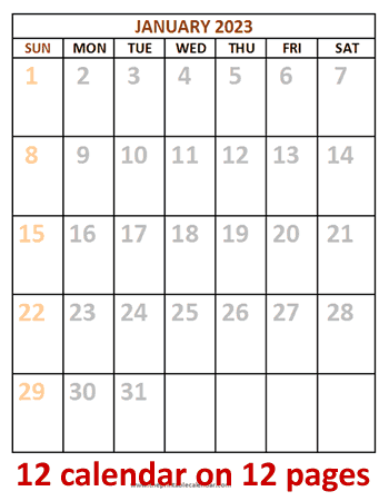 12 monthly calendar 2023