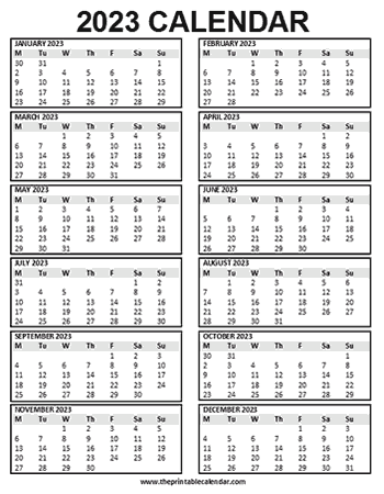 Calendar 2023 Printable - 12 month calendar on one page from
