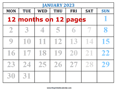 monthly calendar 2023