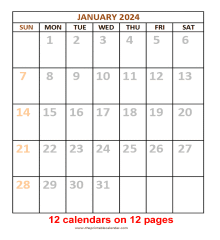 12 monthly calendar 2024