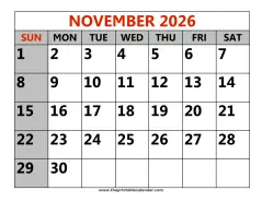 november 2026 printable calendar