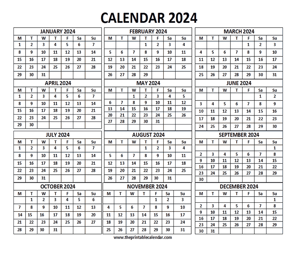 2024 Calendar - 12 months calendar on one page - Free Printable